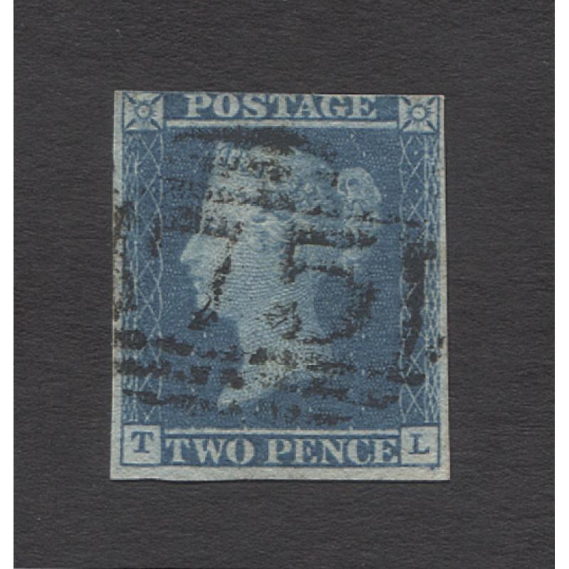 (RG10012) GREAT BRITAIN · 1841: nicely used 3 margin Plate 3 2d blue QV (letters 'T' & 'L') SG 14 · natural paper fault visible on back as is a reasonable "Ivory Head" · c.v. £90 (2 images)