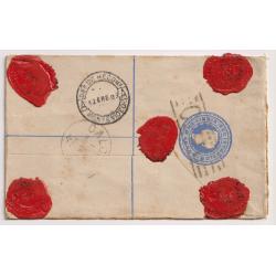 (RG1004) INDIA · 1893: commercially used 2a QV registered letter envelope H&G C1 mailed to URUGUAY from Calcutta · QV S/face franking have "E & O" perfins · London transit datestamp · see full description (2 images)