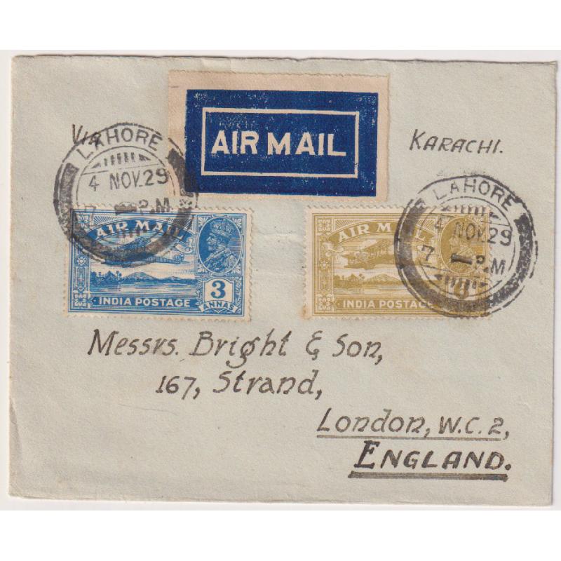 (RG1006) INDIA · 1929 (Nov 4th): FDC with 3a & 4a KGV airs mailed at Lahore and carried to London by air mail service from Karachi · NO b/stamps · excellent condition