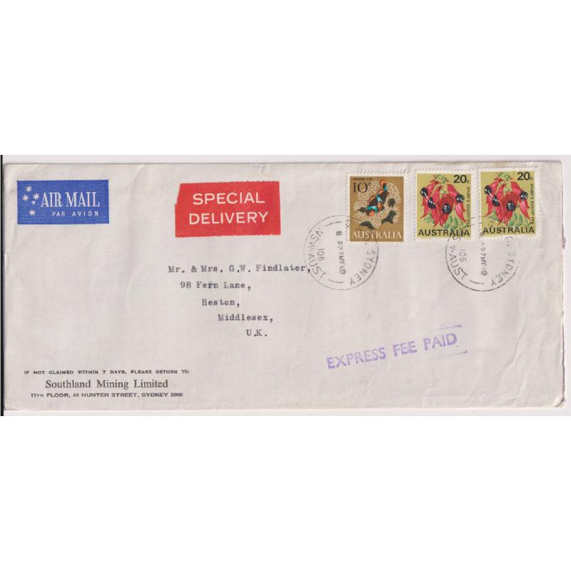 (RG1007L) AUSTRALIA · 1969: commercial cover to G.B. with definitive franking paying 30c air mail postage + 20c for Express Delivery · appropriately h/stamped EXPRESS FEE PAID · fine condition · scarce "rates" cover