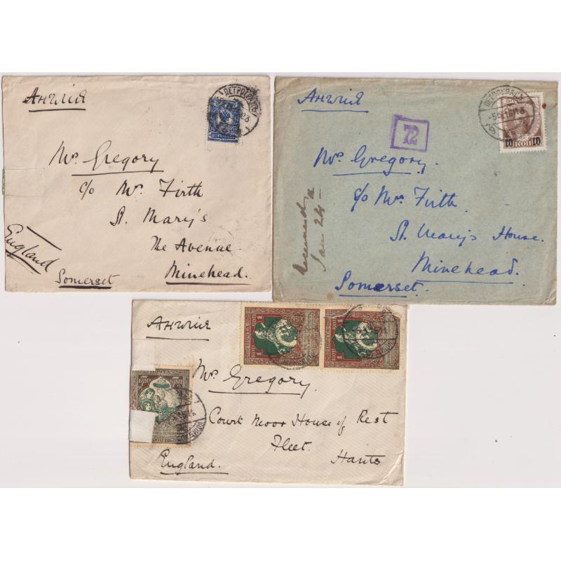 (RG1008) RUSSIA · 1915/16: three censored covers with different frankings to G.B. addresses · condition as per largest images · uncommon material (3)