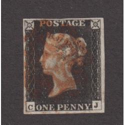 (RG1010) GREAT BRITAIN · 1840: nicely used 4 margin Plate 2 1d black QV (Alphabet I letters 'C' · 'J' - ) SG 2 · light Maltese Cross cancel in red · an attractive example · c.v. £375 (2 images)