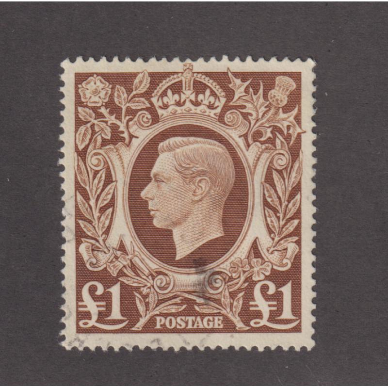 (RG1033) GREAT BRITAIN · 1948: lightly used £1 brown KGVI definitive SG 478c · nice condition · c.v. £26 · $5 STARTER!!