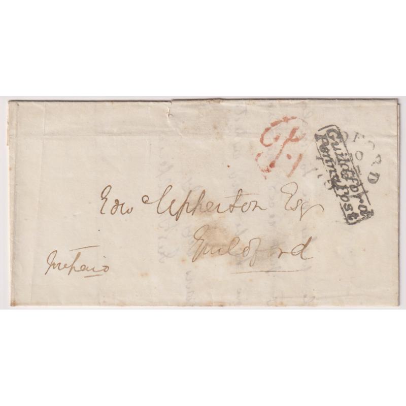 (RG1035) GREAT BRITAIN · 1841: folded letter to Guildford address with fine strike of framed GUILDFORD PENNY POST h/s over an unframed cds · also Paid 1d h/s in red · interesting item in exhibitable condition · no b/stamps