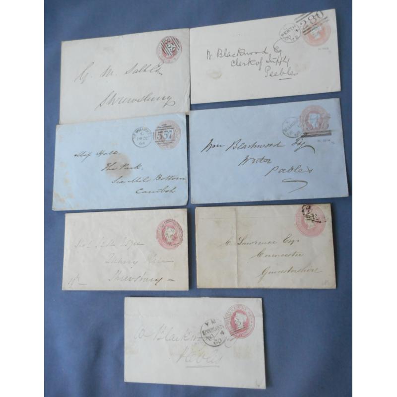 (RG1038) GREAT BRITAIN · 1845/72: seven used 1d QV postal stationery envelopes in a mixed condition · range of printings, papers and postal markings (2 images)