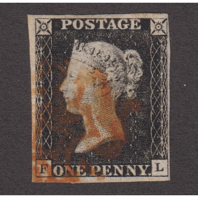 (RG1055) GREAT BRITAIN · 1840: used Plate 1b 1d black QV (Alphabet I letters 'F' · 'L' - ) SG 2 · partial Maltese Cross postmark in red · 4 complete margins, close but well clear near NE corner · nice example · c.v. £375