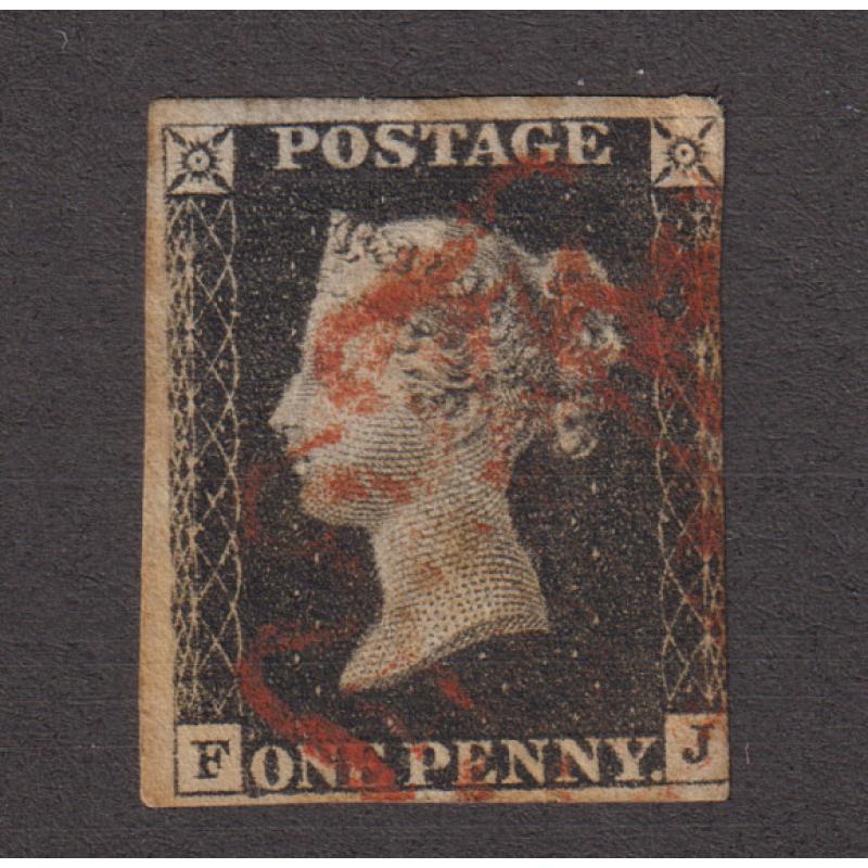(RG1057) GREAT BRITAIN · 1840: used 3 margin Plate 4 1d black QV (Alphabet I letters 'F' · 'J' - ) SG 2 · light Maltese Cross cancel in red · hinge thin and some staining but a great space-filler · c.v. £375 (2 images)