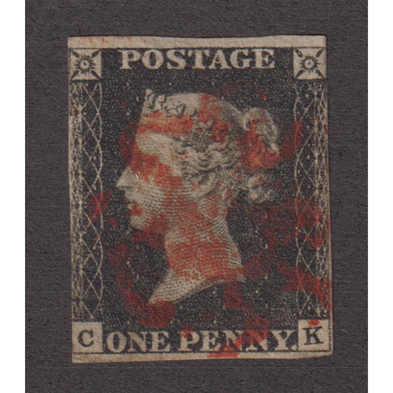 (RG1059) GREAT BRITAIN · 1840: used two margin Plate 5 1d black QV (Alphabet I letters 'C' · 'K' - ) SG 2 · Maltese Cross cancel in red · c.v. £375