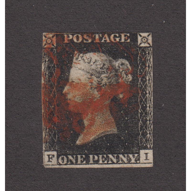 (RG1060) GREAT BRITAIN · 1840: used two margin Plate 7 1d black QV (Alphabet I letters 'F' · 'I' - ) SG 2 · Maltese Cross cancel in red · top margin is very close but clear · c.v. £375