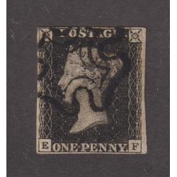 (RG1076) GREAT BRITAIN · 1840: used 1d black QV (Alphabet I letters 'E' · 'IF - ) SG 2 · Maltese Cross cancel in black · four complete margins, close but clear · c.v. £375
