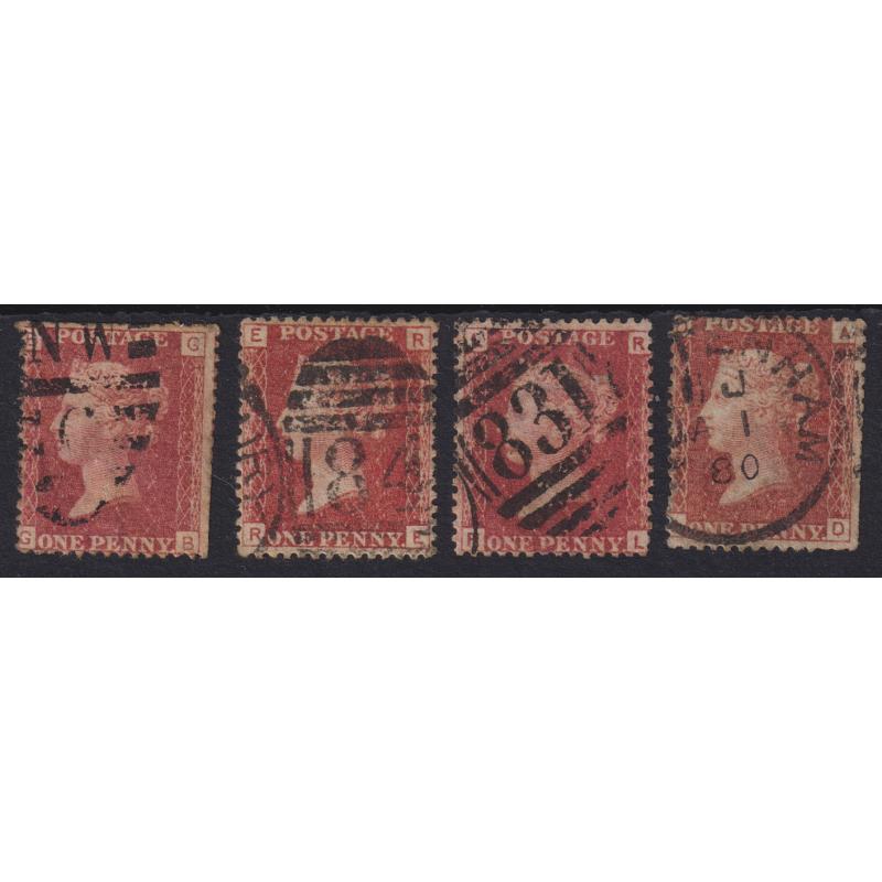 (RG1116) GREAT BRITAIN · 1870s: used 1d red KGV from Plates 220, 222, 223 & 224 · first and last stamps have some trimmed perfs but all are collectable examples · total c.v. £175+ (4)