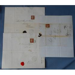(RG1117L) GREAT BRITAIN · 1845/52: 13 envelopes & folded letters bearing single imperf 1d red-brown QV on blued paper franking · possible postmarks as well as plating interest · average condition is excellent to fine ....... see all largest images (13)