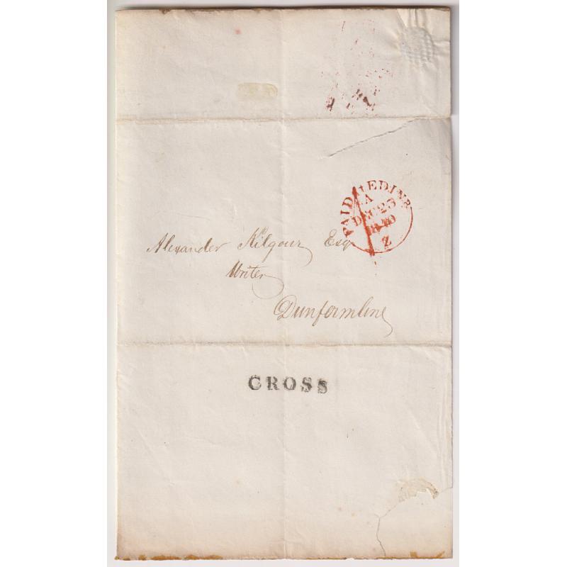 (RG1123) GREAT BRITAIN · 1840: folded letter outer with full clear strike in red of PAID AT EDIN(BURGH) datestamp · addressed to nearby Dunfermline · 'CROSS' h/s on back