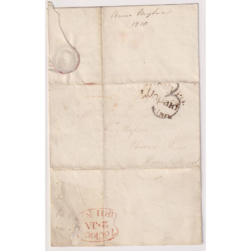 (RG1130) GREAT BRITAIN · 1810: small folded letter addressed to Hampstead · UNDERPAID h/s on front and clear datestamp dated 2·JA·1811 in red on back · condition as per largest image