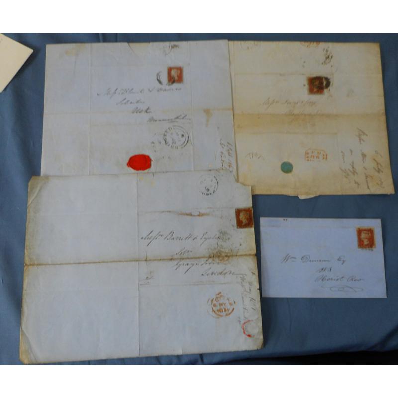 (RG1136L) GREAT BRITAIN · 1840s/50s: 7 folded letters and a cover each bearing single imperf 1d red QV S/face franking · all printed on blued paper · VG to excellent condition throughout · possible postmark interest ....see both largest images (8)