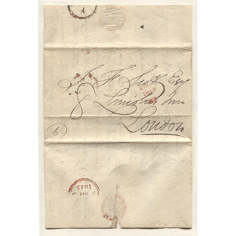 (RG150000) GREAT BRITAIN · 1815: outer page of folded letter addressed to London · rating marks and cds · excellent condition for 207 years