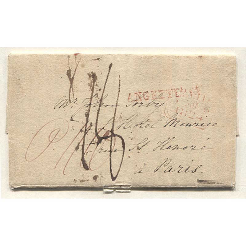(RG15005) GREAT BRITAIN · 1824: folded letter to Paris · rated '18'(d) with a range of handstruck postal markings · see both largest images · front panel has some even discolouration o/wise condition is excellent (2 images)