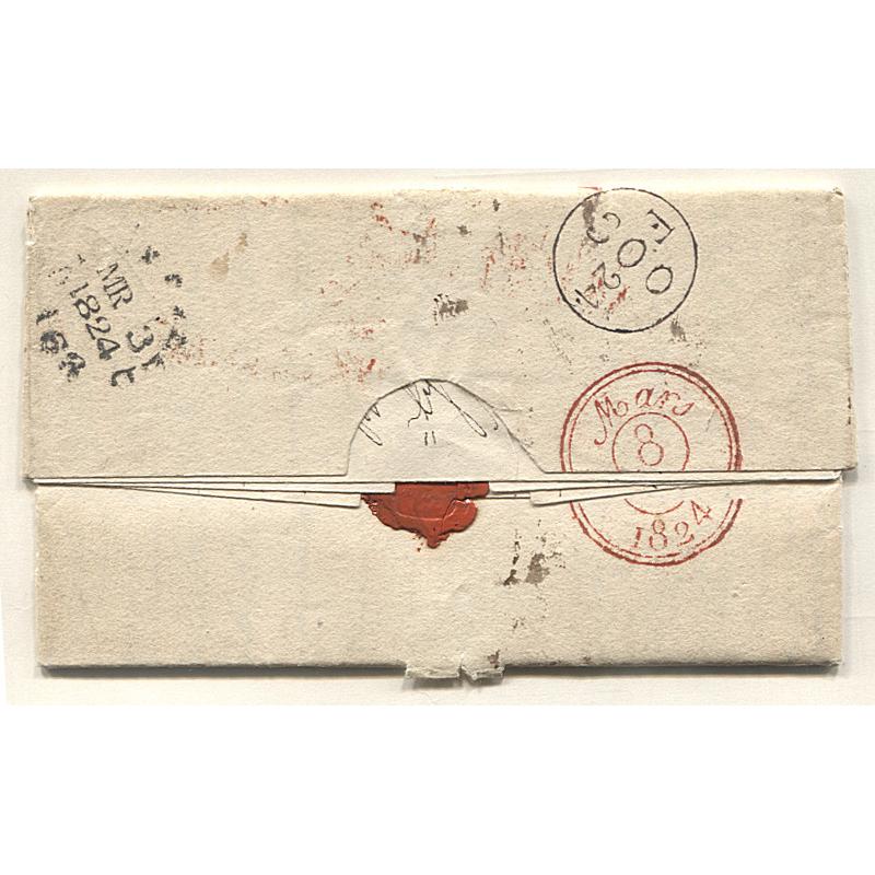 (RG15005) GREAT BRITAIN · 1824: folded letter to Paris · rated '18'(d) with a range of handstruck postal markings · see both largest images · front panel has some even discolouration o/wise condition is excellent (2 images)