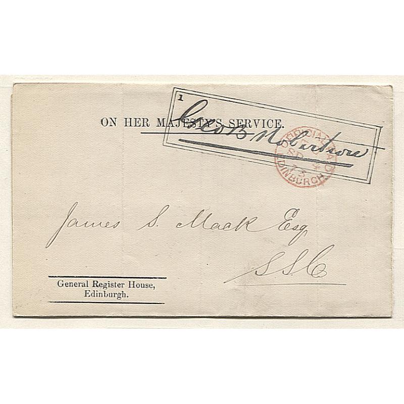 (RG15009) GREAT BRITAIN · 1873: OHMS wrapper used by the General Register House, Edinburgh with 'signature frank' and a clear strike of the OFFICIAL PAID EDINBURGH cds struck in red · fine condition