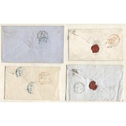 (RG15010) GREAT BRITAIN · 1848/51: clean quartet of small envelopes bearing unplated 1d red-brown QV all on blued paper · excellent condition throughout (2 images)