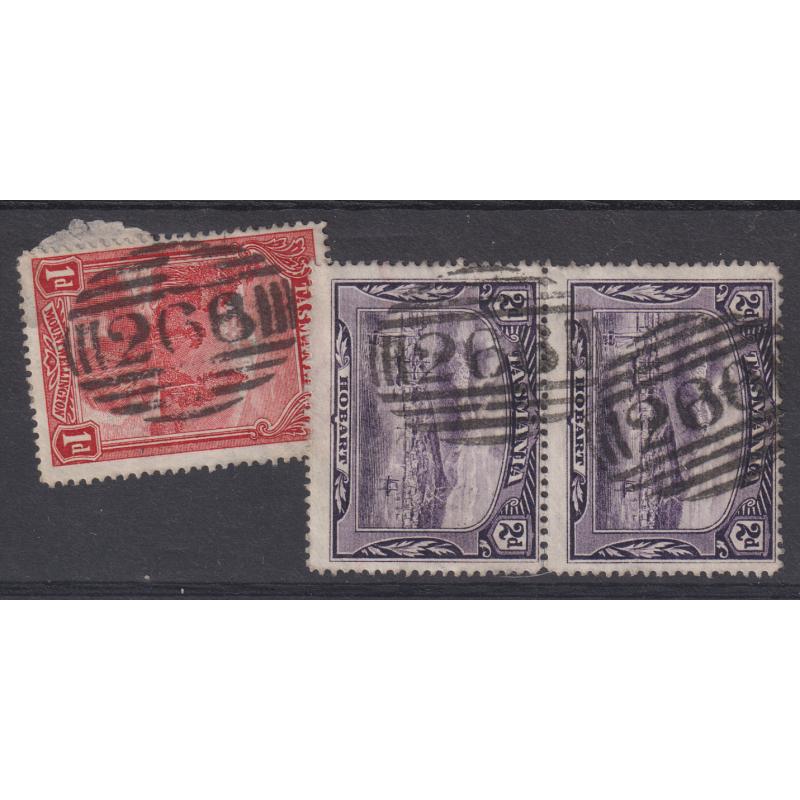 (RH1001) TASMANIA · 1900: clear triple strike of BN266 used at NUBEENA on a 1d & 2x 2d Pictorials (removed from a registered envelope) - postmark is rated RR