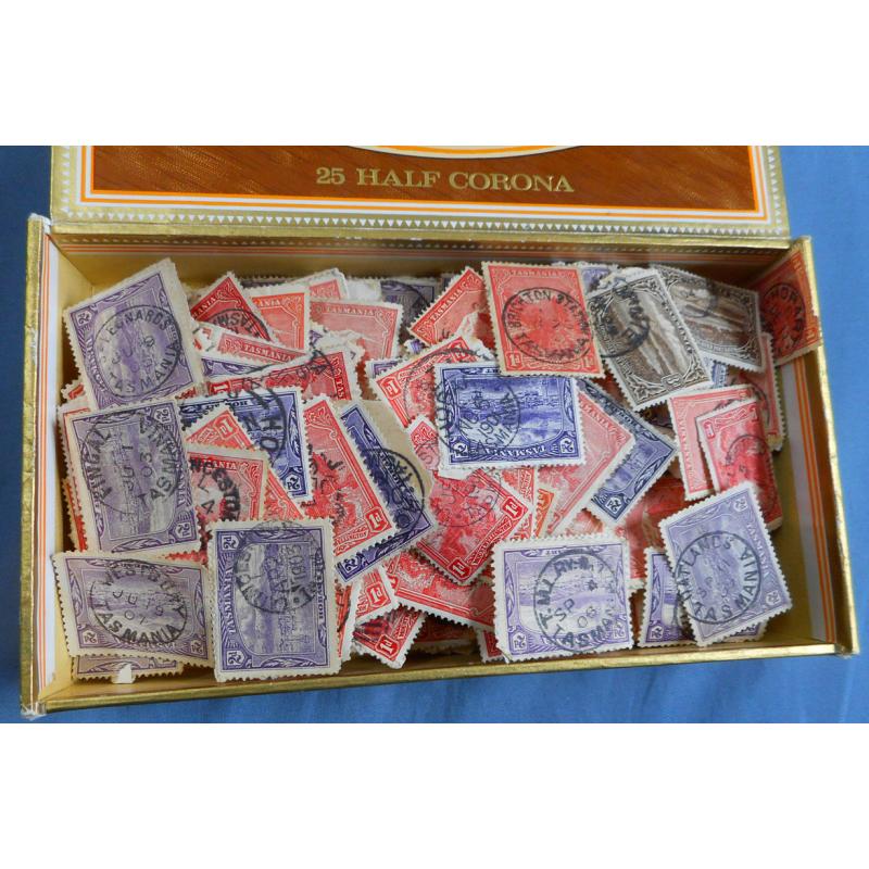 (RH1005B) TASMANIA · cigar box housing a few 100 used Pictorials (mainly 1d & 2d values) on and off paper · postmark interest is minimal however it is unlikely that the stamps have not been checked for "anything else"