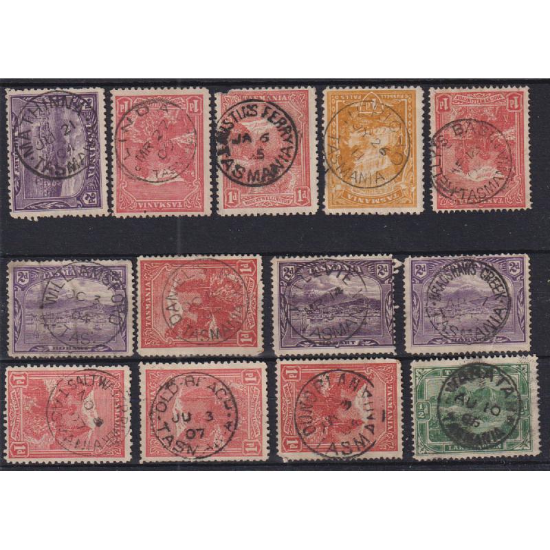 (RH1013) TASMANIA · a Baker's Dozen of selected postmarks on Pictorials to 4d · "better" strikes noted include AUSTINS FERRY, JERICHO DANIELS BAY, KELLEVIE, SALTWATER RIVER, OLD BEACH, etc. (13)