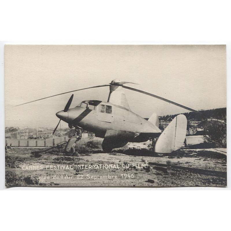 (RN10000) FRANCE · 1946: unused real photo card promoting Cannes Film Festival Air Day on September 22nd · portrait of a "Helicopter Tricycle" · fine condition