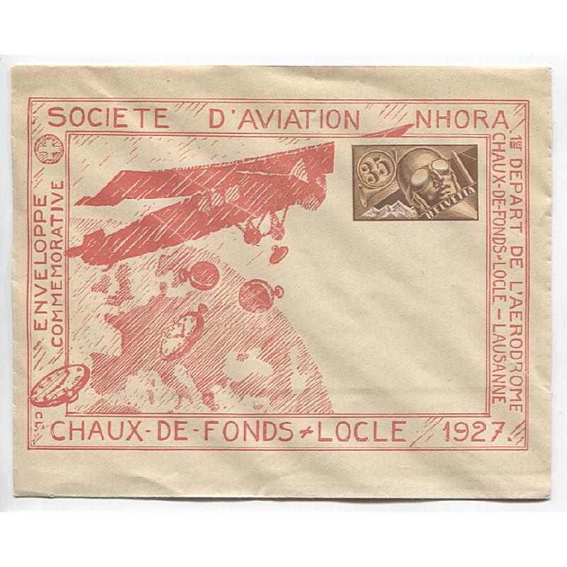 (RN10006) SWITZERLAND · 1927; 35c stamped-to-order souvenir envelope intended for mail carried on the first airmail flight by NHORA from Chaux-de-Fonds / Locle to Lausanne · in excellent to fine condition · flap stuck down o/wise in fine condition