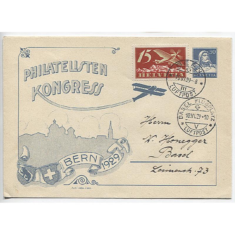 (RN10007) SWITZERLAND · 1929 (June 10th): uprated 30c stamped-to-order Bern Philatelic Congress souvenir envelope carried by air mail from Bern to Basel · VF condition