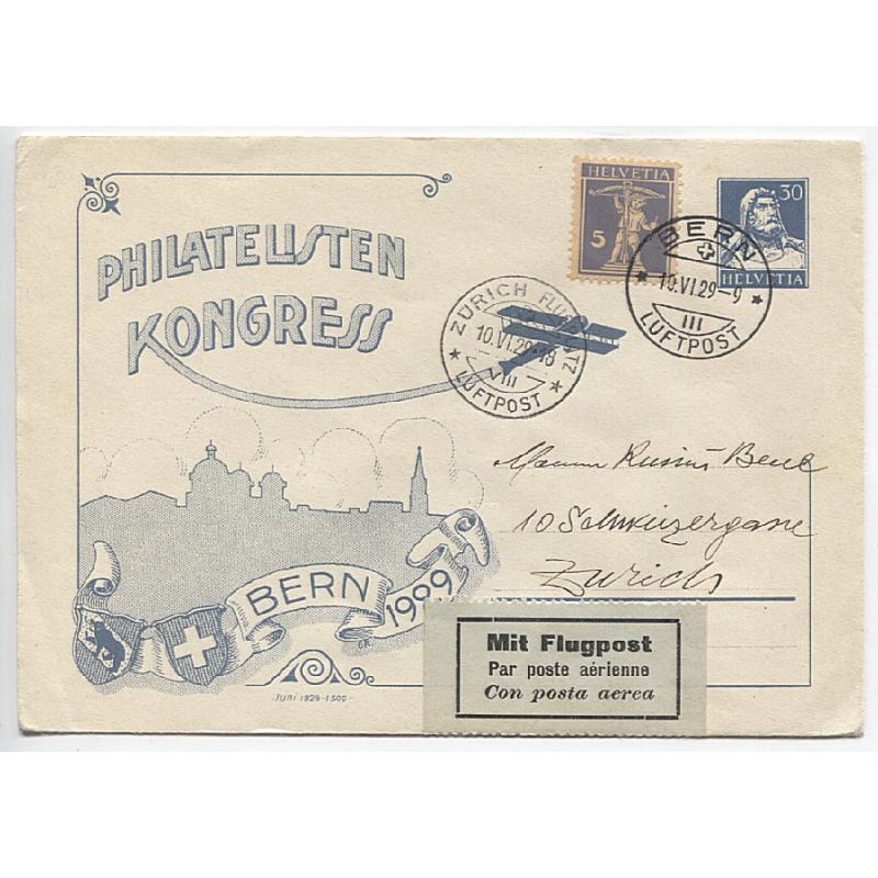 (RN10009) SWITZERLAND · 1929 (June 10th): uprated 30c stamped-to-order Bern Philatelic Congress souvenir envelope carried by air mail from Bern to Zürich · VF condition