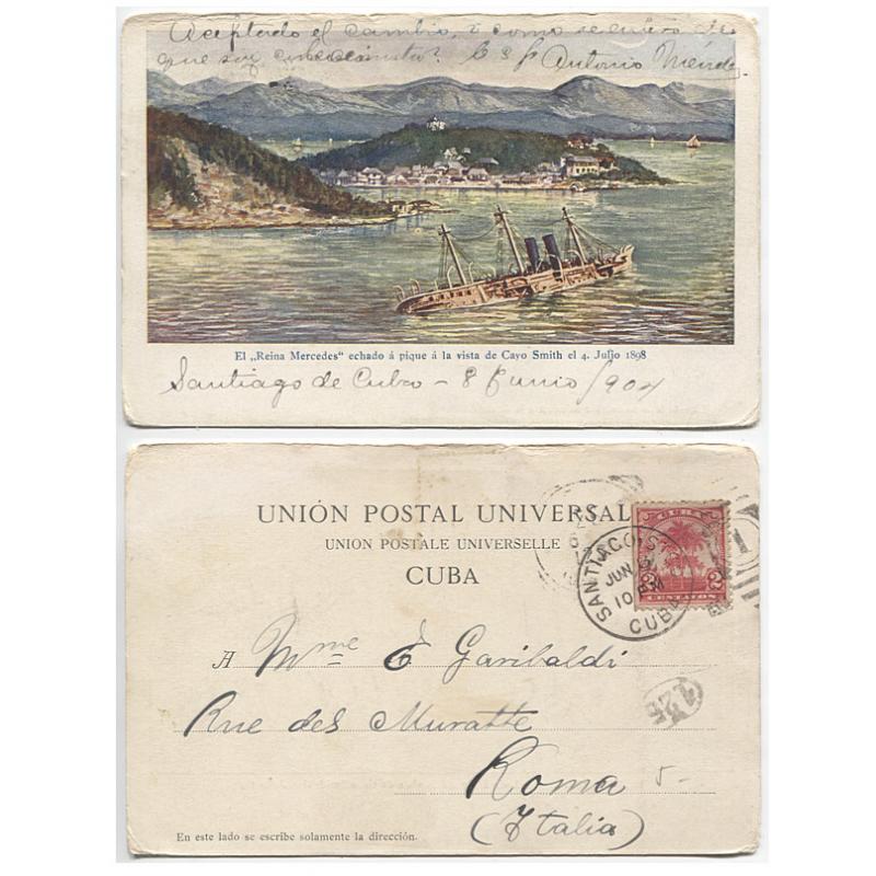 (RN10011) CUBA · 1904: postcard featuring a painting of the Spanish warship "Reina Mercedes" which was sunk by American ships during  the Battle of Santiago de Cuba · mailed to Italy · $5 STARTER!!