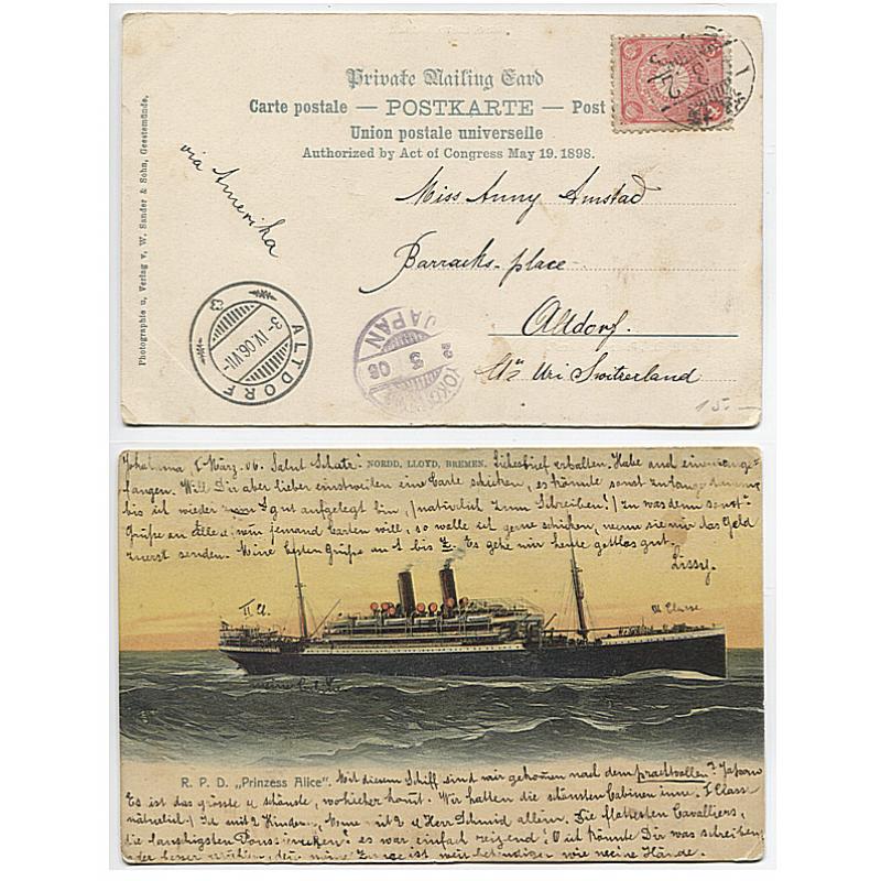 (RN10023) JAPAN · 1907: postcard w/view of the R.P.S. "Prinzess Alice" mailed from YOKOHAMA to Switzerland · excellent condition · $5 STARTER!!