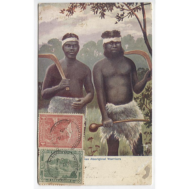 (RN10026) AUSTRALIA · 1905: Osboldstone printed card with portrait of AUSTRALIAN ABORIGINAL WARRIORS postally used to Hungary · some light foxing on the back, etc. however the overall condition is VG