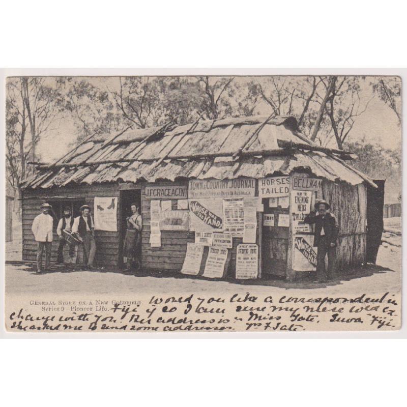 (RN1038) NEW SOUTH WALES · 1906: Kerry & Co. card from Series 9 - Pioneer Life w/view GENERAL STORE ON A NEW GOLDFIELD mailed to Hungary from Launceston · fine condition
