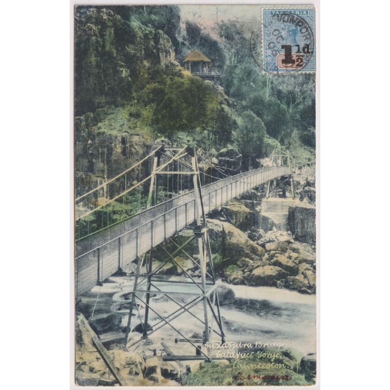 (RN1043) TASMANIA · 1906: Spurling & Son card w/view of ALEXANDRA BRIDGE, CATARACT GORGE, LAUNCESTON postally used to Hungary · colour cards from this series are scarce in my experience · fine condition