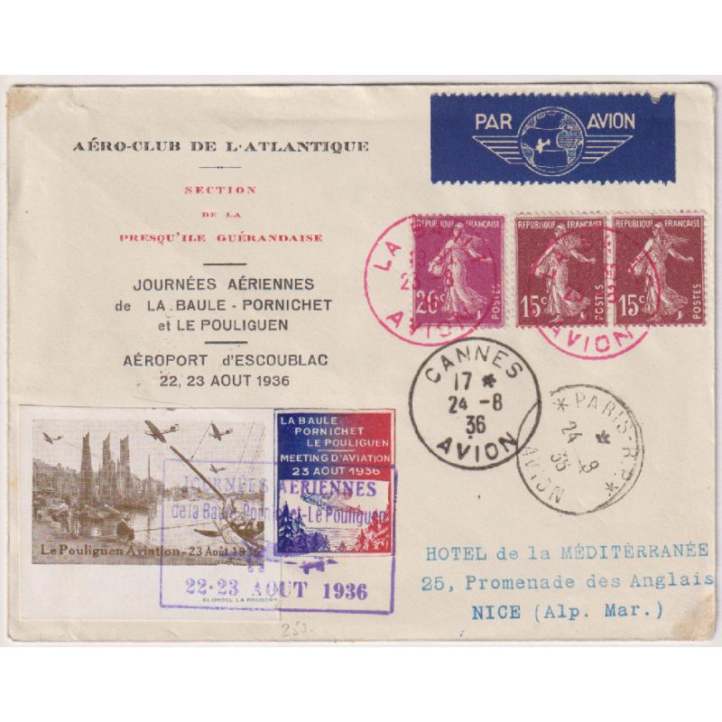 (RN1045) FRANCE · 1936: scarce souvenir cover with two vignettes and a special LA BAULE AVION postmark mailed from the MEETING D/AVIATION held 22-23 August · see full description