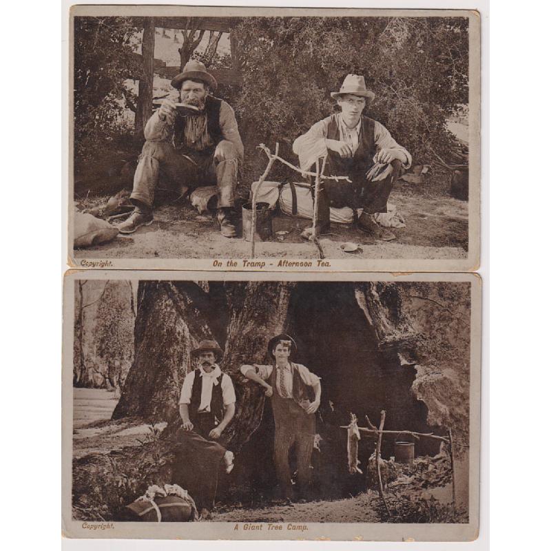 (RN1064) NEW SOUTH WALES · c.1910: 2 unused real photo style cards by "A.G.J." from the same series captioned A GIANT TREE CAMP and ON THE TRAMP - AFTERNOON TEA · see full description (2)