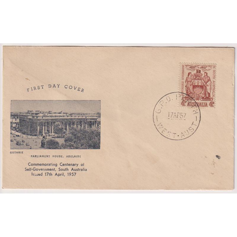 (RN1080) AUSTRALIA · 1957 (April 17th): unaddressed cacheted FDC by Guthrie for 4d S.A. Self-Government commemorative issue · excellent condition .... see full description