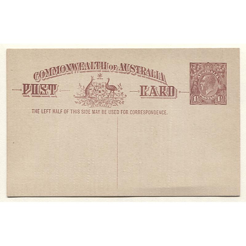 (RN15000) AUSTRALIA · 1920: unused 1½d red-brown KGV postal card (no footnote) BW P52(2) · condition as per largest image · $5 STARTER!!