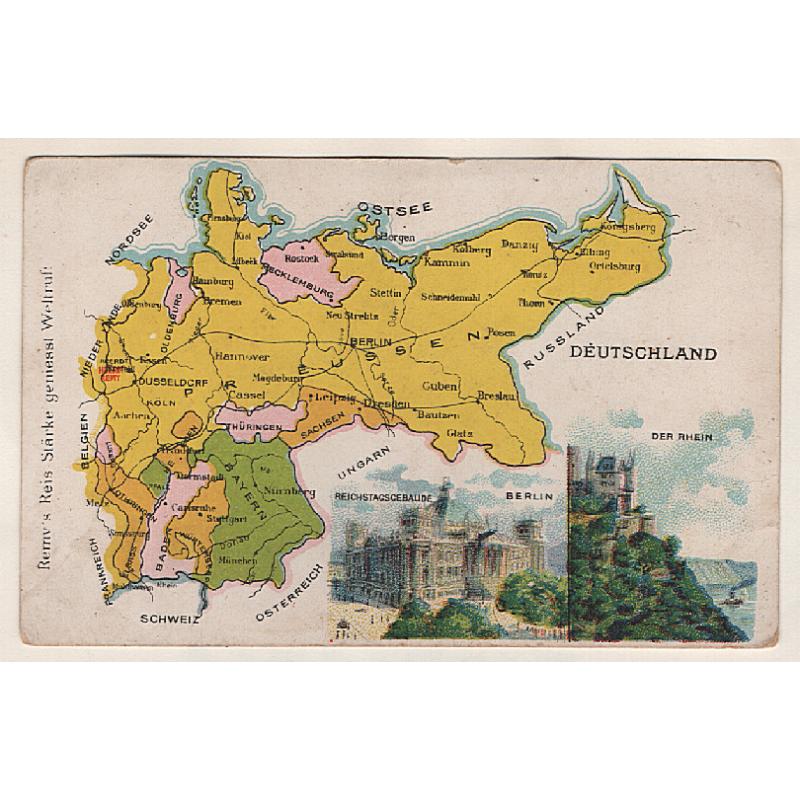 (RN15006) GERMANY · c.1910: unused Remy's-Reis-Starke colour PPC with map of Germany and two inserted views · see largest image · excellent condition · $5 STARTER!!