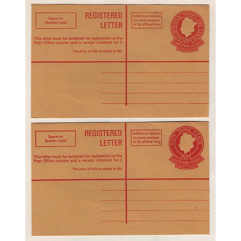 (RN15009) CHRISTMAS ISLAND · 1970: unused 25c & 53c QEII registered letter envelopes H&G C2/3 both in VF condition