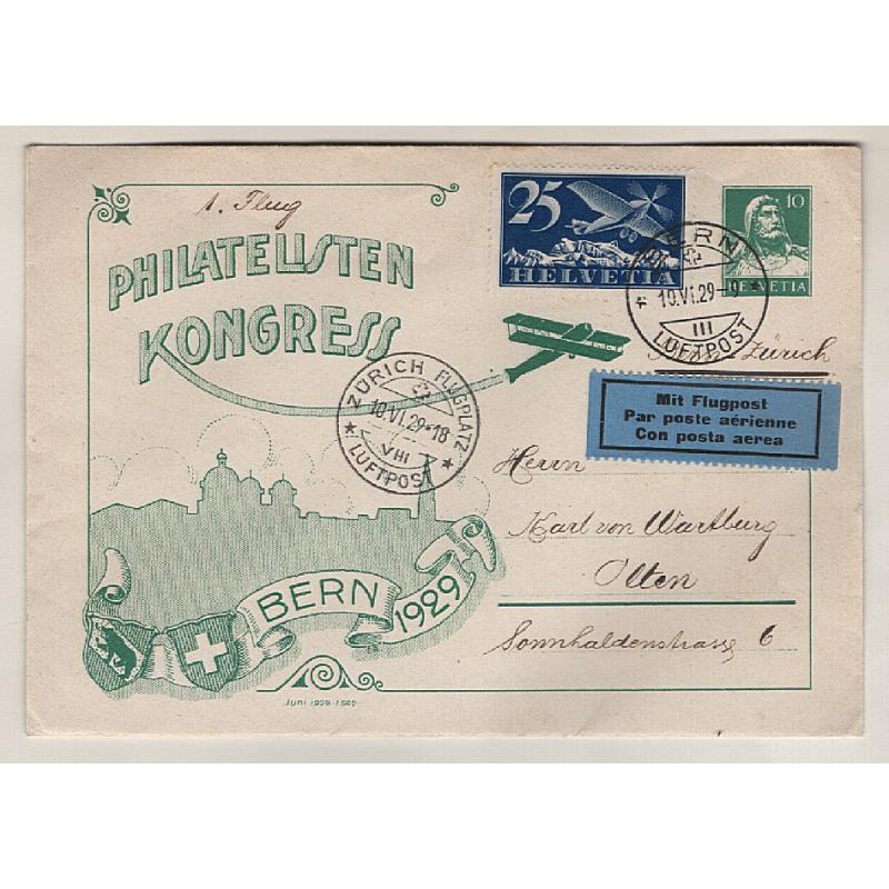 (RN15010) SWITZERLAND · 1929 (June 10th): uprated 10c stamped-to-order Bern Philatelic Congress souvenir envelope carried by air mail from Bern to Zürich · fine condition