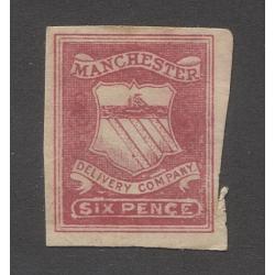 (RP10000) GREAT BRITAIN · 1860s: imperf 6d MANCHESTER DELIVERY COMPANY local post stamp · cut in RH side does not breach marginal line · overall condition excellent (2 images)