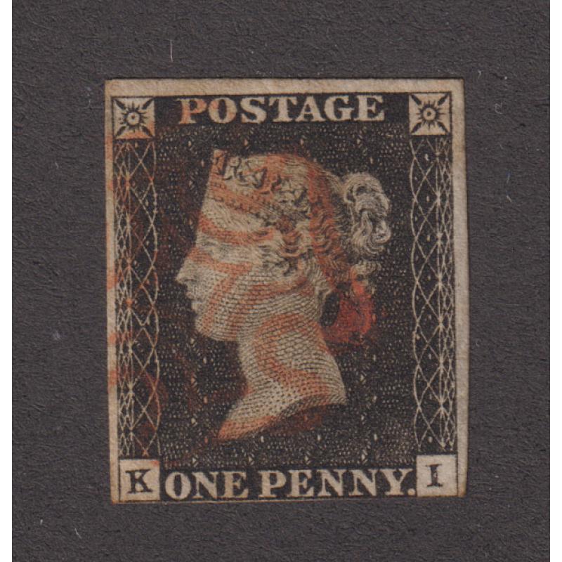 (RP1005) GREAT BRITAIN · 1840: unplated used 1d black QV SG 2 with letters "K" & "I" · 3 VG to excellent margins and nearly a 4th · light Maltese Cross cancel in red ....see both largest images · c.v. £375 (2 images)
