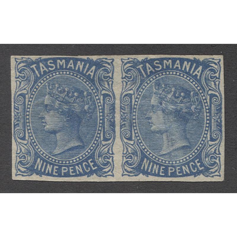(RS10009) TASMANIA · 1871: mint imperf pair of 9d blue QV S/face SG148a · some gum disturbance so please view both large images · fine appearance from the business side c.v. £550