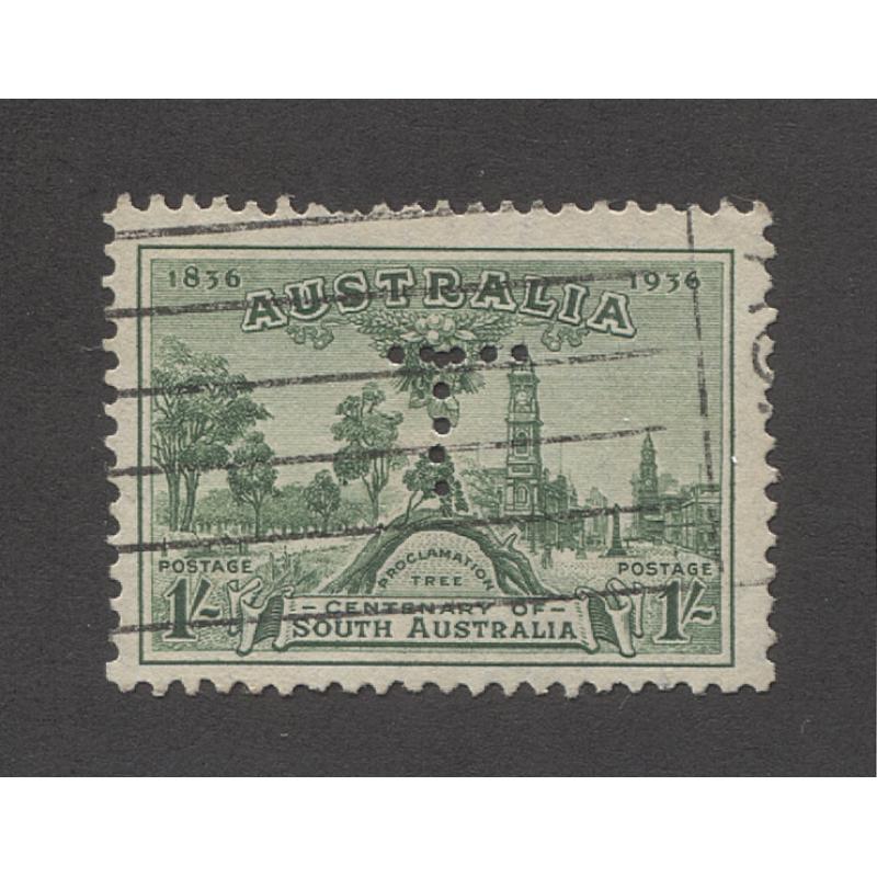 (RS10039) TASMANIA · 1930s: used 1/- green SA Centenary commem SG 163 perf T (5x5 holes) · a couple of short perfs however the overall condition is excellent · the T perfin is very scarce on this stamp!