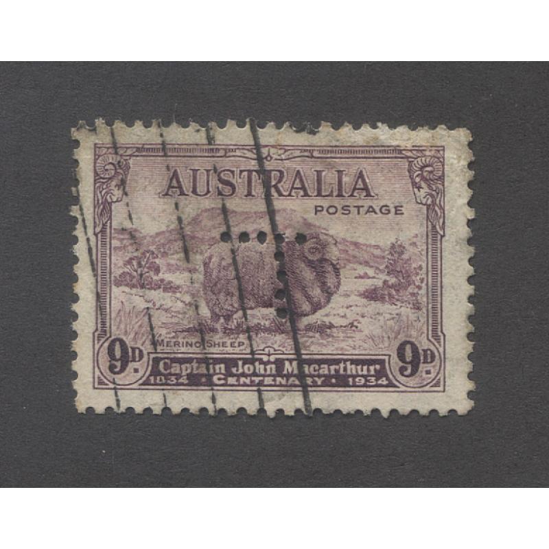 (RS10049) TASMANIA · 1934: used 9d bright purple Macarthur SG 152 perf T (5x5 holes) · small tear at centre/top but still collectable due to extreme rarity - if you collect T perfins, don't miss this one (2 images)