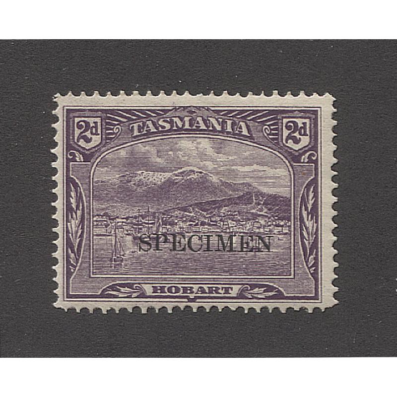 (RS10053) TASMANIA · 1902: MLH lithographed 2d Pictorial optd SPECIMEN BW T28s · some gum disturbance · nice appearance from the 'money side' · c.v. AU$150 (2 images)