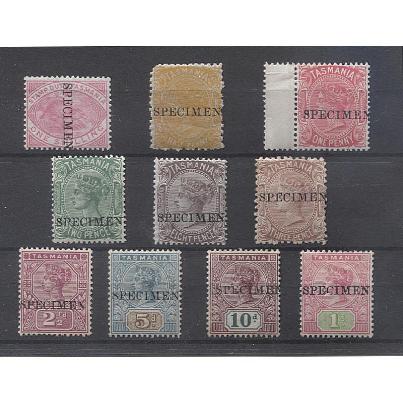 (RS10054) TASMANIA · range of SPECIMEN overprints on 1/- Platypus (no gum), QV S/face to 8d and QV Key Plate issues to 1/- · any imperfections are quite minor · useful assembly · 10 stamps (2 images)